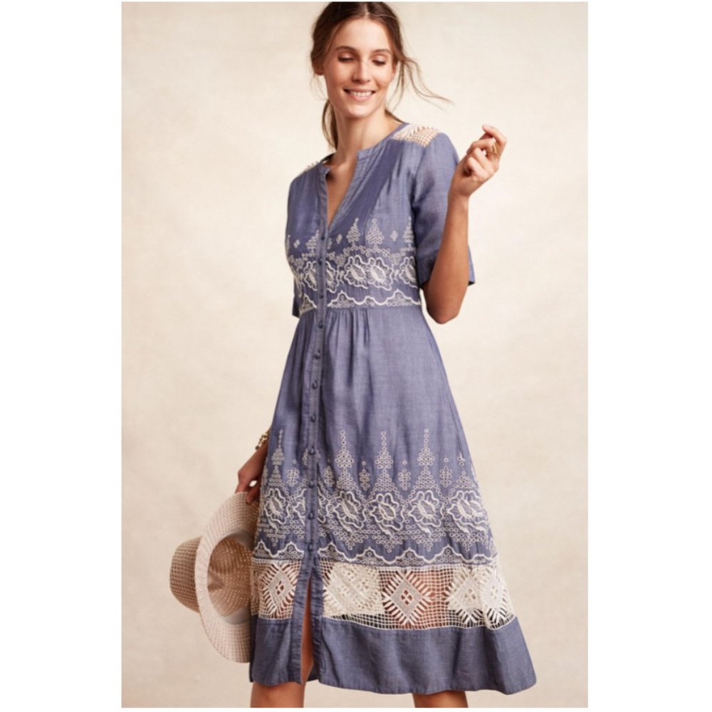 Anthropologie Moulinette Soeurs NWT Embroidered Waters Shirtdress Blue Lace